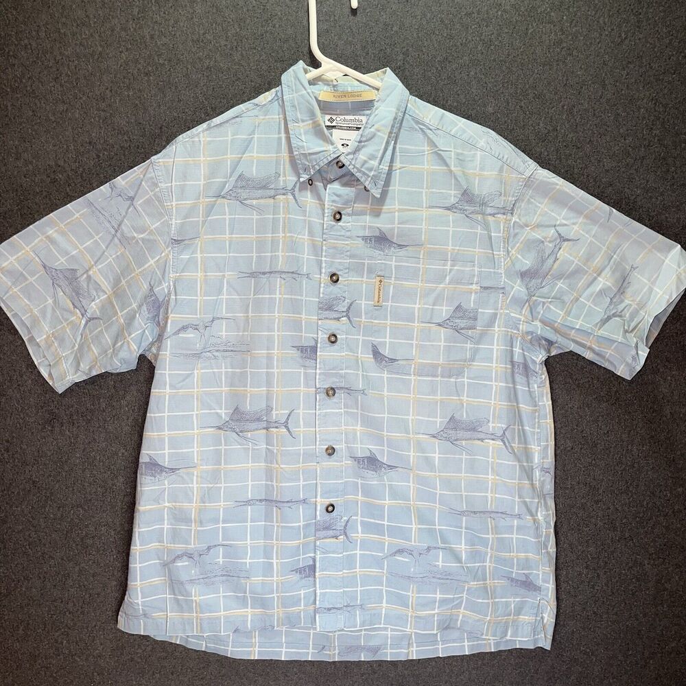 Columbia Shirt Adult Medium Blue River Lodge Button Up Marlin Fish Mens